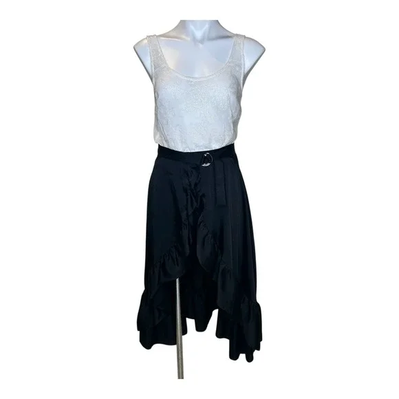 Sandro Black Satin Ruffle Belted Midi Skirt Size 2 - Picture 2 of 11